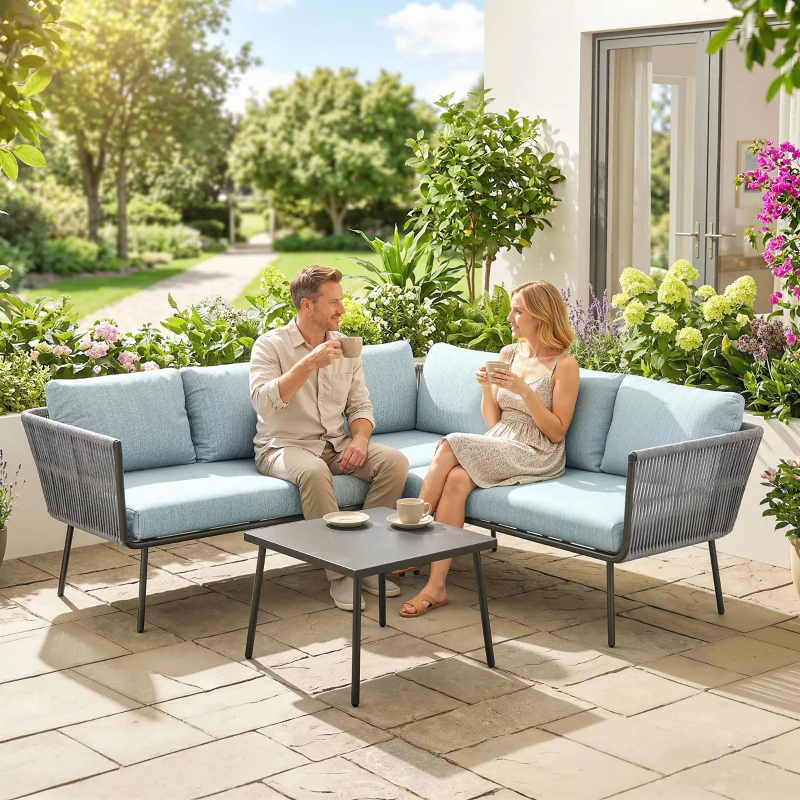 Outsunny Conjunto de Móveis de Jardim em Ratã Sofá de Canto com Almofadas e Mesa de Centro para Terraço Exterior Azul Claro