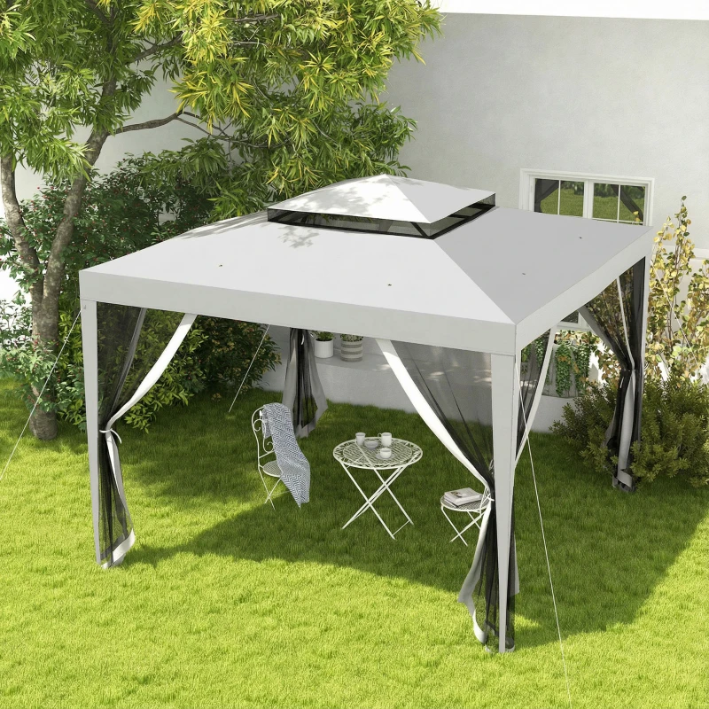 Outsunny 3 x 3 m Gazebo, Netting Party Tent, Patio Canopy Outdoor Event Shelter with Double Tier Roof, Light Grey