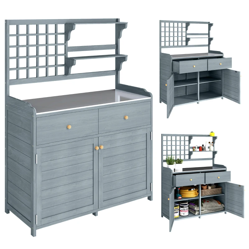Outsunny Plantentafel met Kast Outdoor - Houten Tuinkast met Gegalvaniseerd Werkblad, 2 Lades, 104x44x140 cm, Lichtgrijs