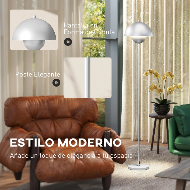 HOMCOM Lámpara de Pie para Salón Moderna con Pantalla de Cuenco Interruptor de Pie Casquillo E27 Sin Bombilla Ø30x155 cm Plata