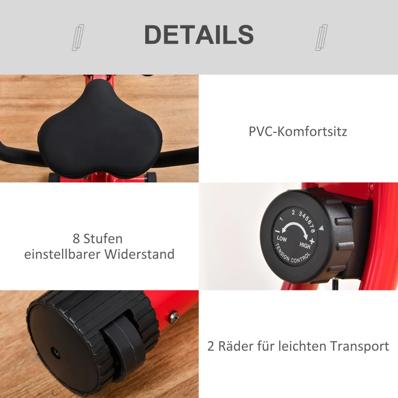 HOMCOM Heimtrainer, 8 Widerstandsstufen, höhenverstellbar, LCD-Monitor, 107 cm x 53 cm x 22 cm, Rot + Schwarz + Weiß