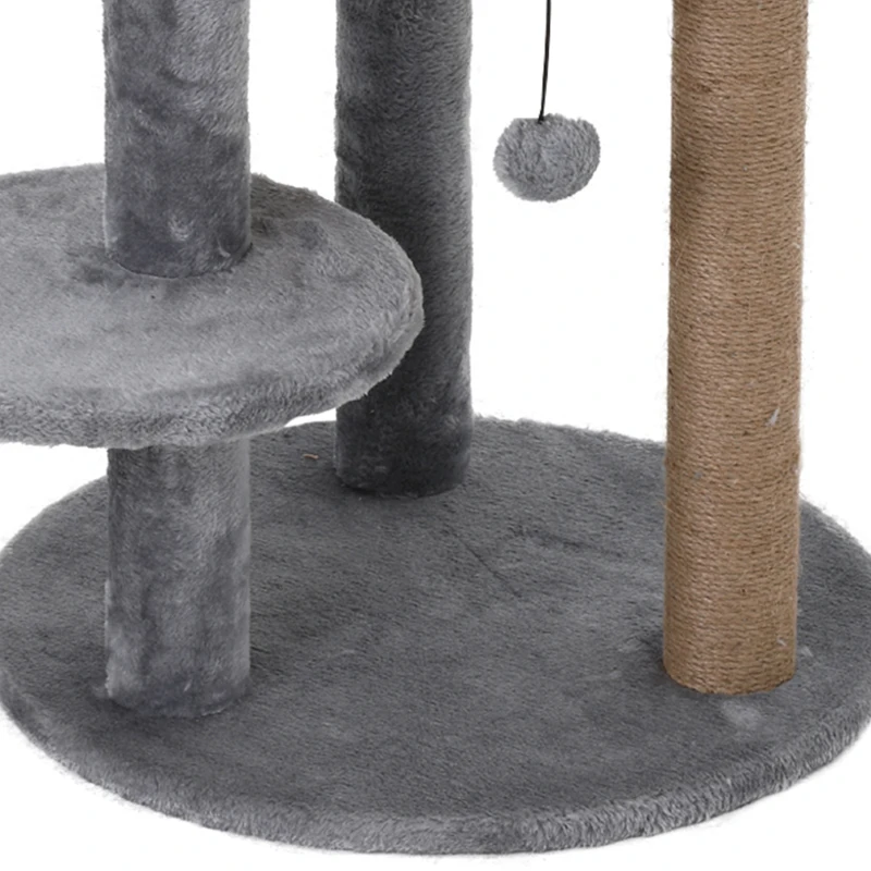 PawHut krabpaal kattengrot kattenhuis 4 verdiepingen met speelballen zitstok, sisalzuil en krabplank, groot, stevig, luxe, sisal pluche grijs 48 x 48 x 104 cm(m-13)