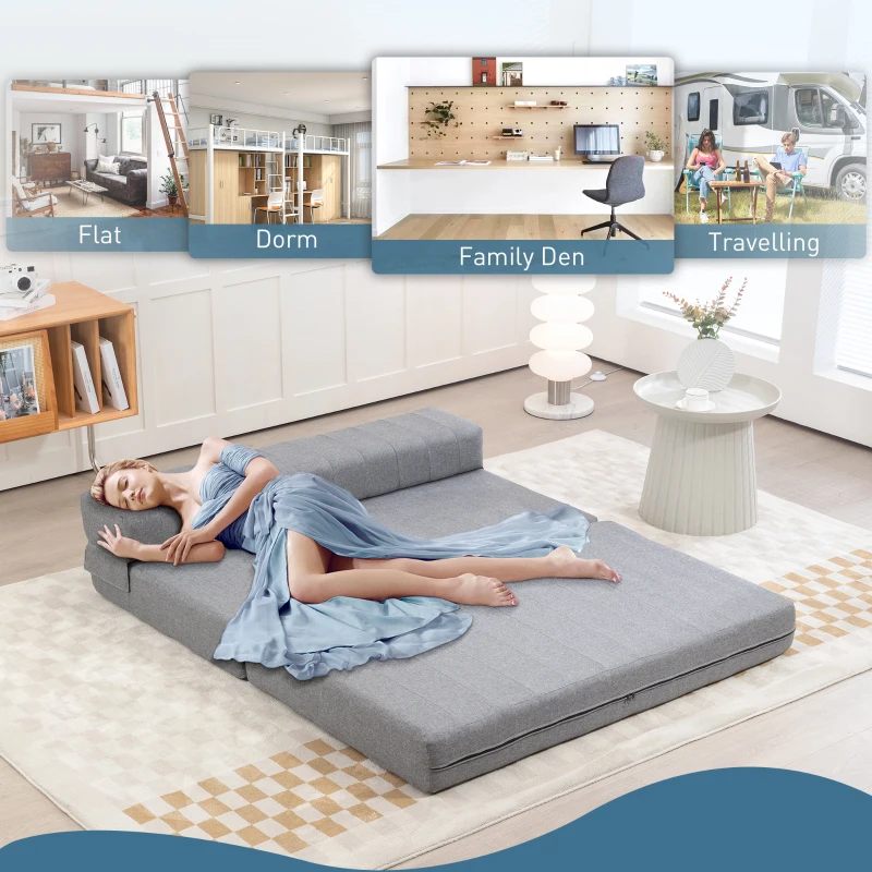 HOMCOM 2-in-1 Bodemsofa – Opklapbaar Slaapbankje voor 2 Personen, Met Linnenlook, Comfortabel en Stevig tot 250 kg, Voor Woonkamer of Slaapkamer, Grijs(m-7)