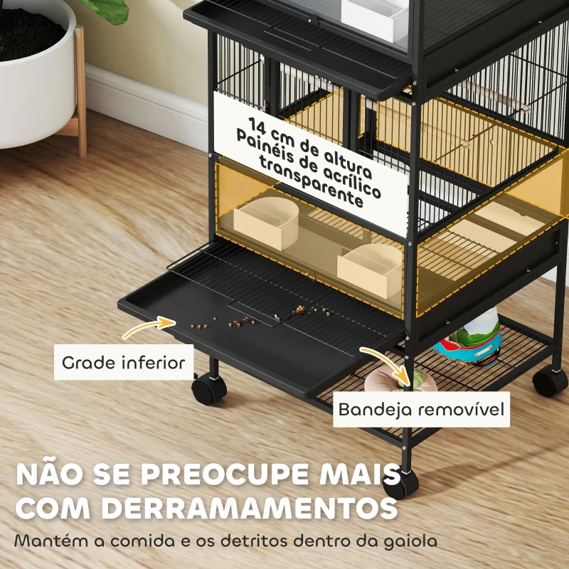 PawHut Gaiola para Pássaros de 2 Níveis com Rodas Painéis Acrílicos Comedouros Prateleira Bandejas Amovíveis  48x46x134,5 cm Preto