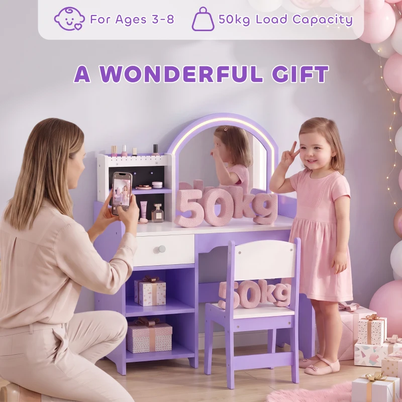 AIYAPLAY Kids Vanity Set, Girls Dressing Table with Stool, 2-Colour Lights Mirror, Pretend Dresser Gift for Ages 3-8, Purple