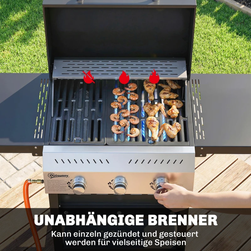 Outsunny Gasbarbecue 9 kW 3 Branders BBQ Grillwagen Roestvrij Staal incl. Uitklapbare Zijtafels Kruidenrek Onderrek 6 Haken