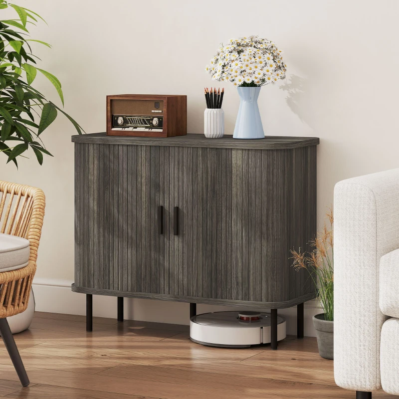 HOMCOM Mid-Century Modern Sideboard Storage Cabinet with Slatted Tambour Sliding Doors, Kitchen Cabinet with Steel Legs, Grey