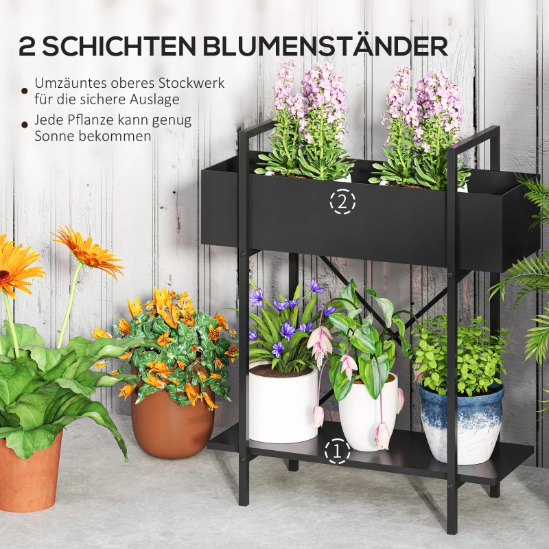 Outsunny Plantenstandaard met 2 lagen, afvoergaten, voor binnen en buiten, Metaal, Zwart
