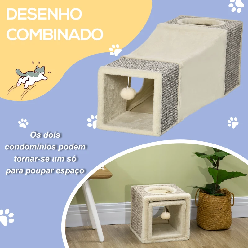 PawHut Túnel para Gatos com Bola Supensa Dobrável com Múltiplas Entradas Caverna de Sisal 98x30x30 cm Creme e Cinza