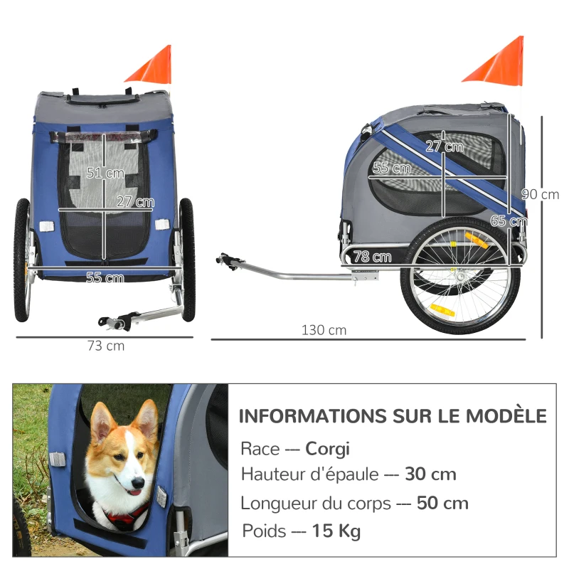 PawHut Remorque vélo pour chien animaux 8 réflecteurs drapeau barre attelage inclus acier polyester imperméable max. 30 Kg 130L x 73l x 90H cm bleu