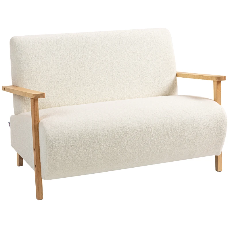 HOMCOM Sofá de 2 Lugares Estofado em Borreguito com Acolchoado Espesso Apoios de Braço e Pés de Madeira 118x76x78 cm Creme