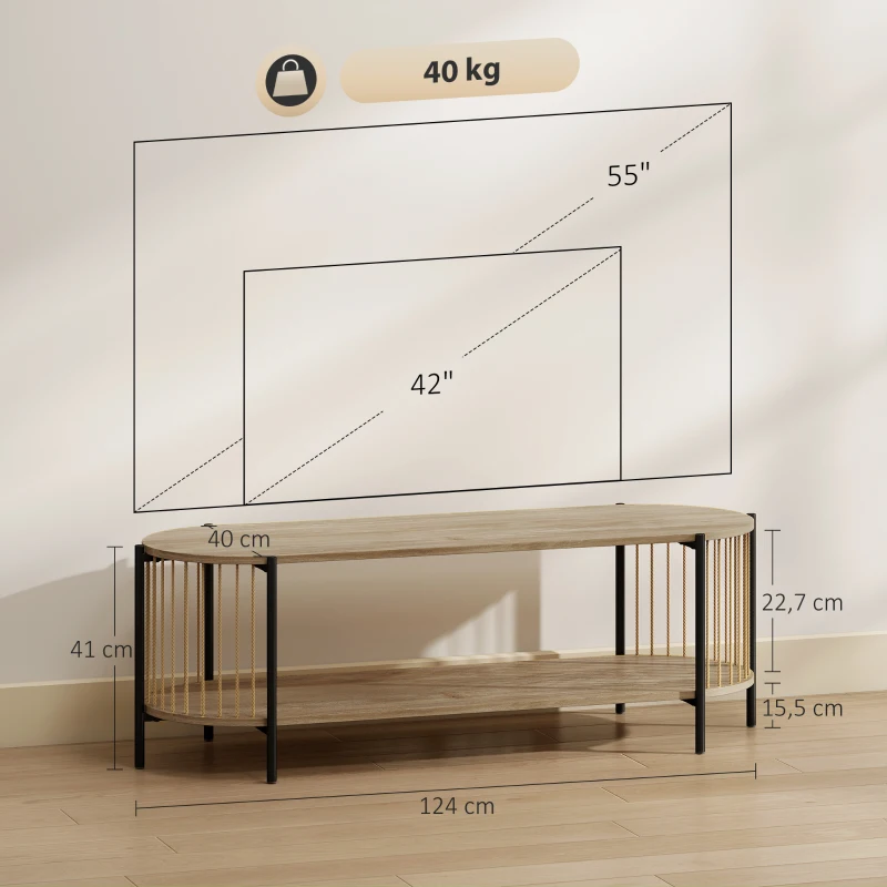 HOMCOM Móvel de TV Estilo Boémio Móvel de TV até 55 Polegadas com Detalhes em Corda de Papel e 2 Prateleiras Abertas 124x43,5x41 cm Madeira