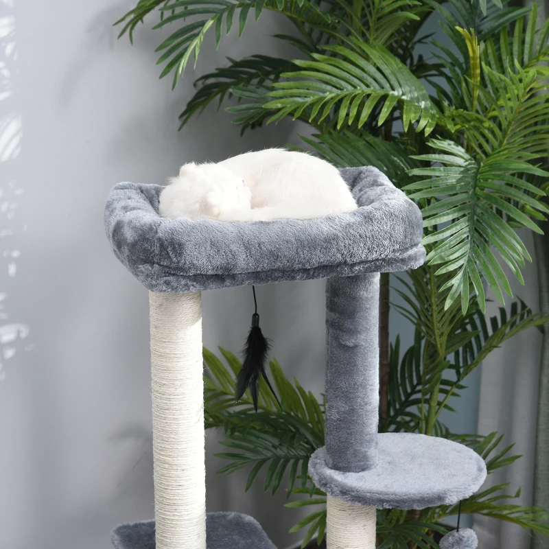 PawHut Albero Tiragraffi per Gatti Adulti su più Livelli, Castello per Gatti con Cuccia, Posatoio e 2 Ripiani, Bianco e Grigio, 48x35x100cm