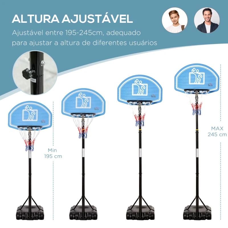 HOMCOM Tabela de Basquetebol com Altura Ajustável 160-210cm Rodas e Base Recarregável 76x70x197,5-254cm Preto e Azul