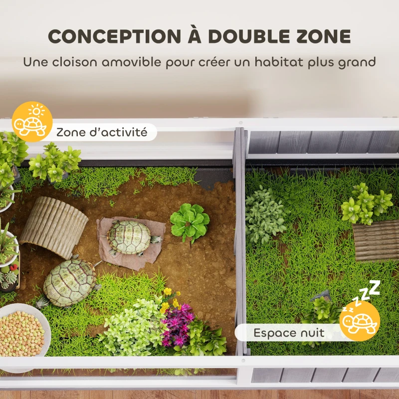 PawHut Maison pour tortues enclos tortue en bois 2 espaces support de lampe toit ouvrable plateau coulissant 104x53x82cm gris(m-4)