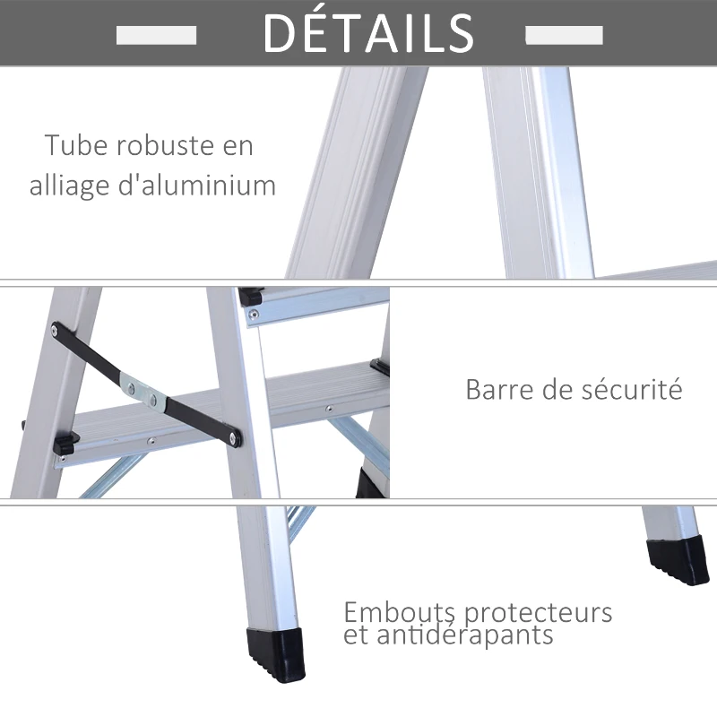 HOMCOM Marchepied escabeau double pliant antidérapant hauteur max. 59 cm charge max. 150 Kg aluminium