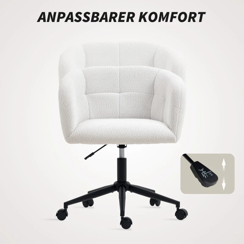 HOMCOM Gepolsterde Bureaustoel met Pluche Bekleding, Kuipvormig Design, Verrijdbare Bureaustoel, Stalen Basis, Crème+Zwart