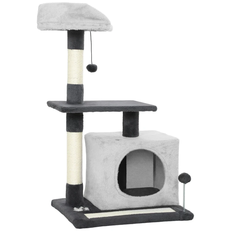 PawHut Albero Tiragraffi per Gatti Alto 85 cm con Casetta, Lettino, Pali e Tappetino Tiragraffi, Grigio