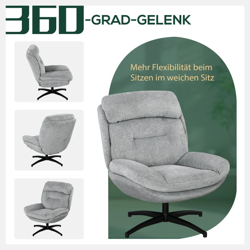 HOMCOM draaibare loungestoel voor de woonkamer, brede zitting, dikke kussens, comfortabele relaxstoel in chenille-look, waterafstotend, ideale leesstoel voor het slaapkamer, grijs