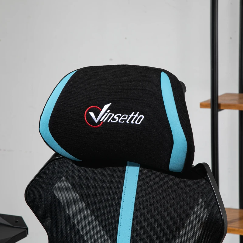Vinsetto Silla Gaming con Reposapiés Retráctil Silla de Oficina Giratoria Reclinable con Reposacabezas y Altura Ajustable 65x65x119-129 cm Negro y Azul