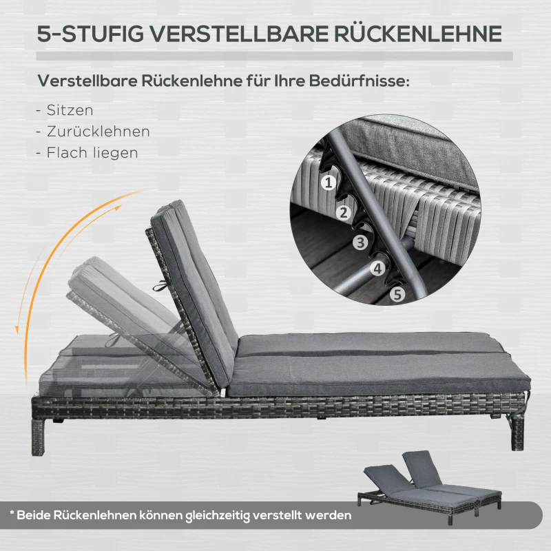 Outsunny Polyrattan Doppelliege Sonnenliege Gartenliege für 2 Personen Relaxliege Luxus Lounge 5-stufige Rückenlehne Metall PE Rattan Grau 196 x 120 x 28 cm