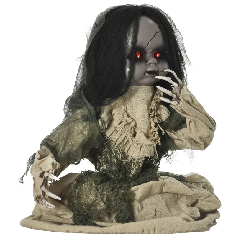 Outsunny Halloween-decoratie van 83 cm Bewegende spookpop met speciale effecten en geluidsfunctie, rode ogen met kroonluchters, gemotoriseerde wielen, horrorpop