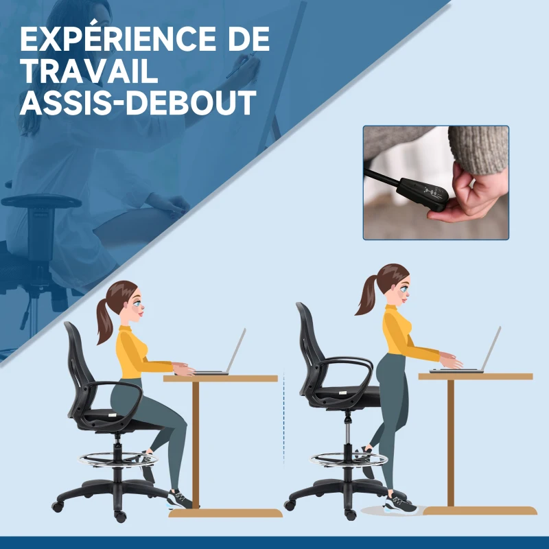Vinsetto Chaise de bureau assise haute fauteuil de bureau en maille hauteur réglable pivotant avec repose-pied noir