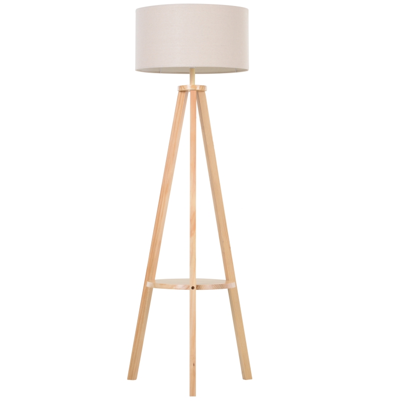 HOMCOM Tripod Floor Lamp, Freestanding Bedside Light Reading Light with Storage Shelf and Linen Shade for Living Room Bedroom, 154cm, Cream