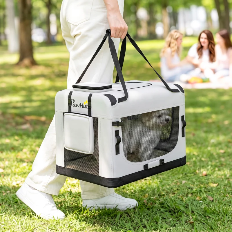 PawHut Transporteur Souple pour Chiens de Petite Taille Pliable avec Gamelle, en Tissu Oxford, Gris clair