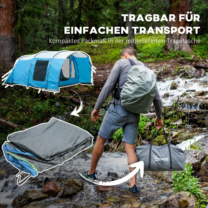 Outsunny Campingtent voor 5 personen, 2 kamers, verwijderbaar tussenschot, weerbestendig, incl. transporttas, blauw+zwart