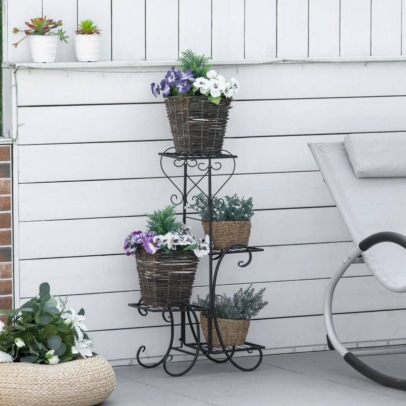 Outsunny Blumenständer Blumenregal aus Metall 4 Ebenen Pflanzenregal Blumentreppe Blumenständer für innen und außen Garten Balkon Schwarz 45 x 24,5 x 80 cm