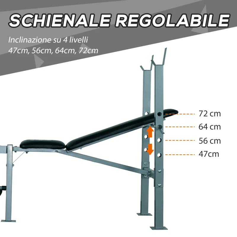 HOMCOM Panca Sollevamento Pesi e Addominali Multifunzionale con Portabilanciere Regolabile in Altezza 165 × 68 × 114cm