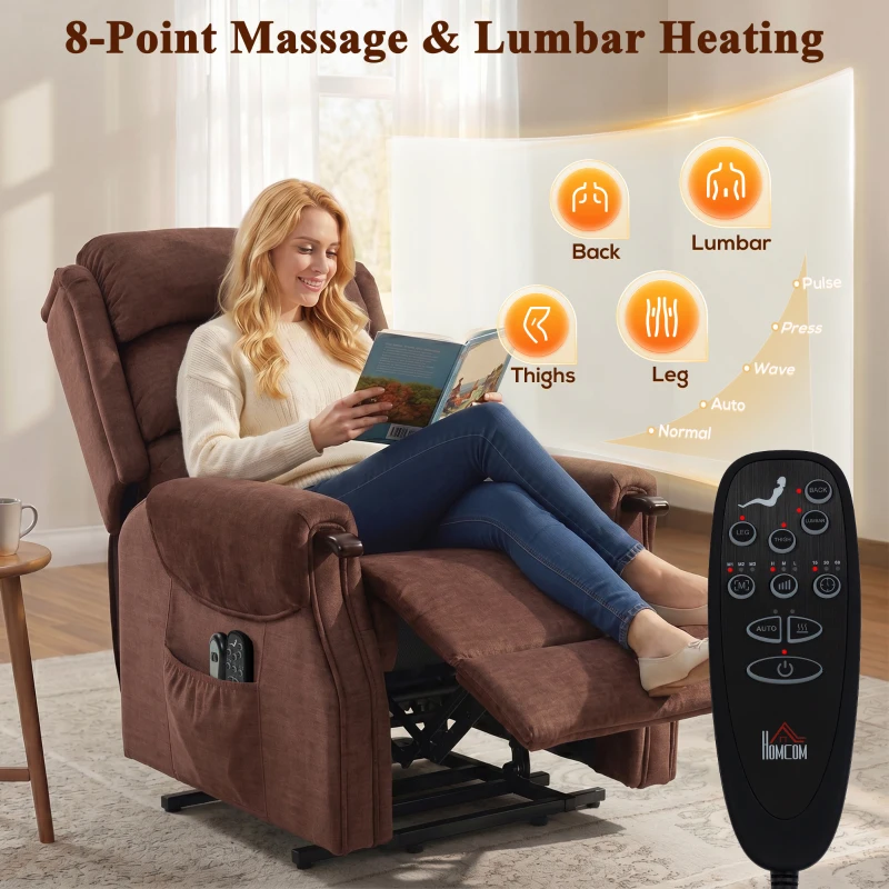 HOMCOM Power Lift Recliner with Vibration Massage and Heat, Lift Chair for Tall with Wood Grip, Pocket Spring, Brown