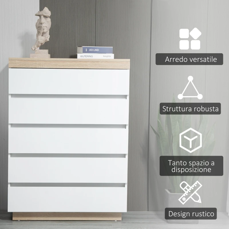 HOMCOM Cassettiera 5 Cassetti Minimal in Legno, 80x40x109 cm, Bianco e color Rovere