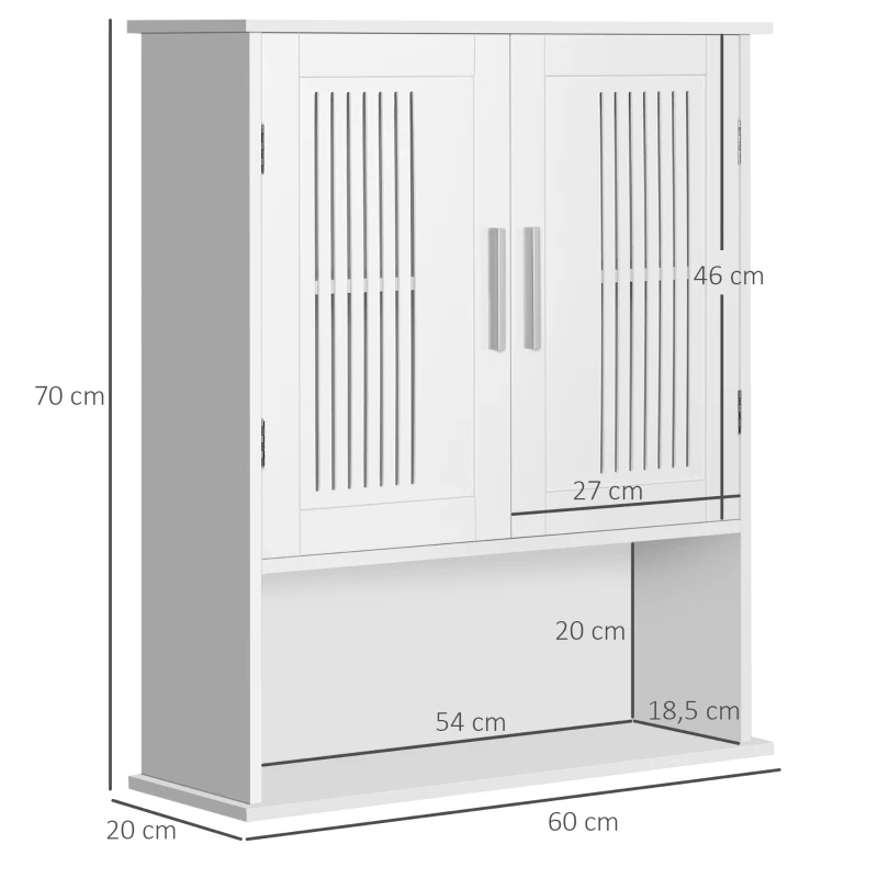 kleankin Armário de Parede Casa de Banho com Armazenamento 2 Portas em Ripas Prateleira Ajustável e Compartimento 60x20x70 cm Branco