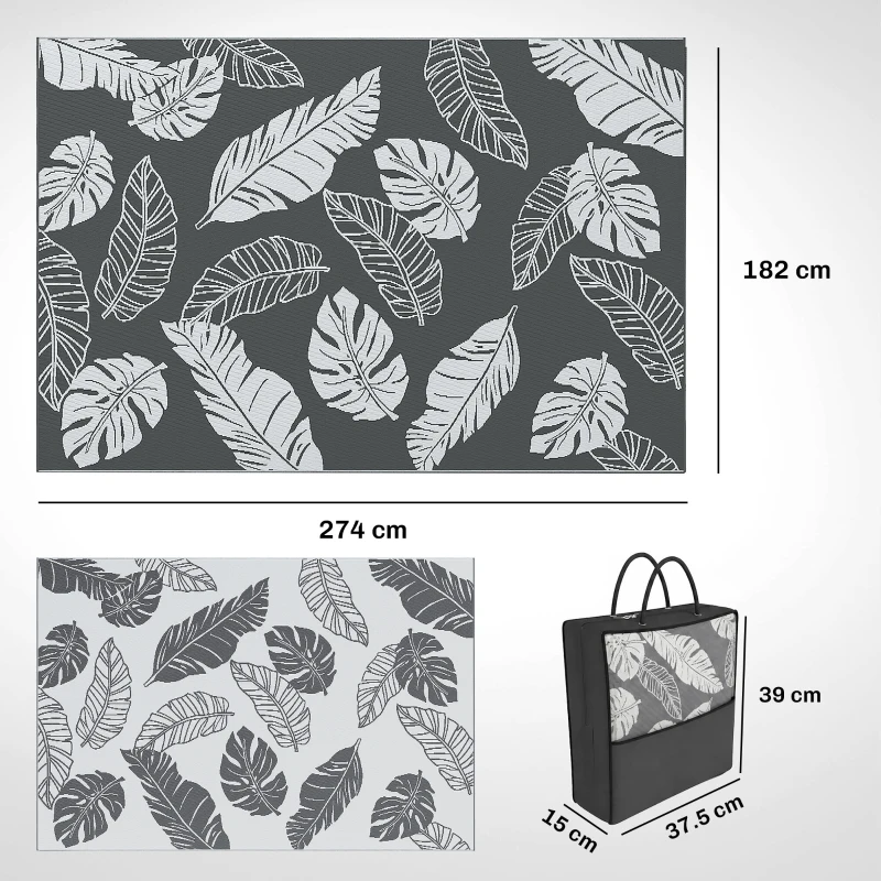 Outsunny Plastic Straw Reversible RV Outdoor Rug with Carry Bag, 182 x 274cm, Grey and White