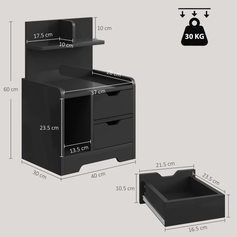 HOMCOM Bedside Table, Small Bedside Cabinet with 2 Drawers and Storage Shelves for Bedroom, Black Wood Effect
