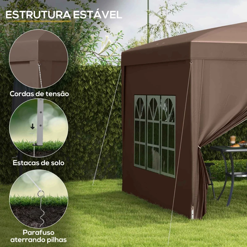 Outsunny Tenda de Jardim com Paredes Laterais Amovíveis Janelas Porta com Fecho de Correr e Bolsa de Transporte 295x295x196-258 cm Café