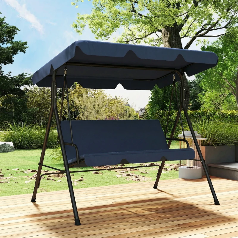 Outsunny Baloiço de Jardim Exterior de 3 Lugares com Toldo Ajustável e Estrutura de Aço 172x118x153 cm Azul-Marinho