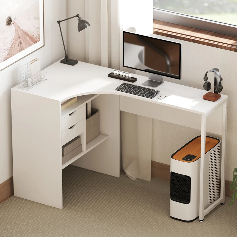 HOMCOM Bureau d'angle, bureau informatique avec 2 tiroirs et 3 compartiments ouverts, 120 x 60 x 74 cm, blanc