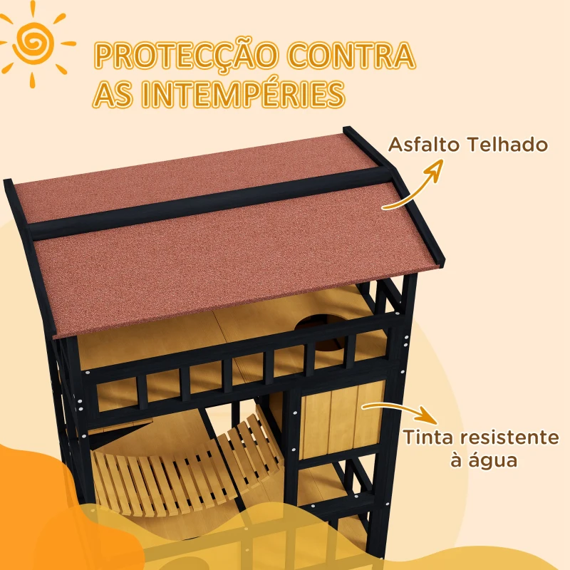 PawHut Casa para Gatos de Madeira 84x60x116 cm Abrigo para Gatos de 4 Níveis para Exterior com Ponte Suspensa Varanda Natural