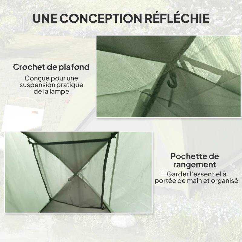 Outsunny Tente de camping 2-4 personnes, tente dôme familiale imperméable, avec fenêtres, poche, sac de transport vert olive