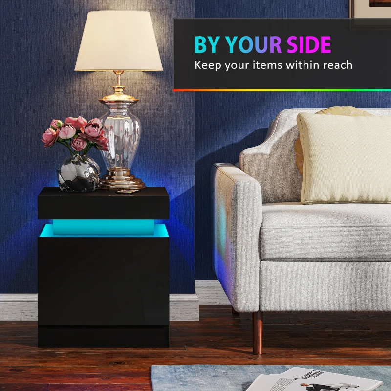 HOMCOM Black Bedside Table with LED Light, High Gloss Front Nightstand with 2 Drawers, for Living Room, Bedroom, Set of 2