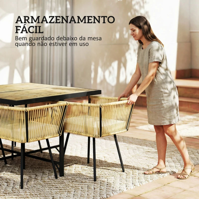 Outsunny Conjunto de Refeição Jardim de 5 Peças Mesa de Refeição com Imitação de Madeira e 4 Cadeiras com Almofadas Bege e Madeira