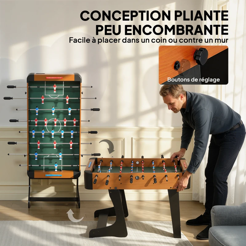 SPORTNOW Baby-foot pliable en bois table de babyfoot pliable sur pied avec 2 balles 22 joueurs, 118 x 107,5 x 78 cm, marron