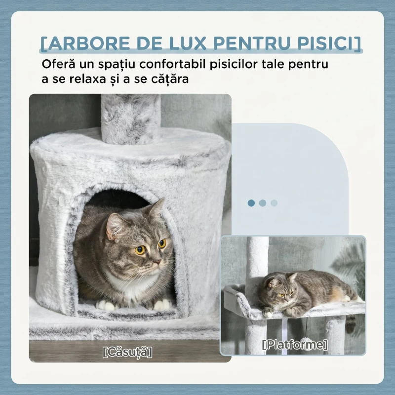 PawHut Copac Scratcher pentru Pisici la Tavan cu Platforme și Căsuță, 60x40x225-255cm, Gri