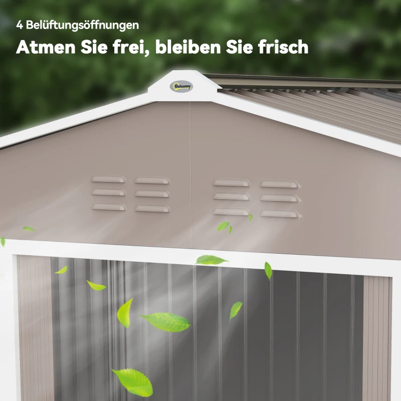Outsunny Metalen tuinschuur met schuifdeuren en ventilatieramen, 277 x 195 x 192 cm, lichtgrijs