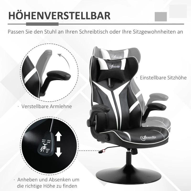 Vinsetto Gaming Stuhl ergonomischer Gamer Stuhl mit Kopfstütze und höhenverstellbar Gamingstuhl Bürostuhl mit Wippfunktion Schwarz+Weiß