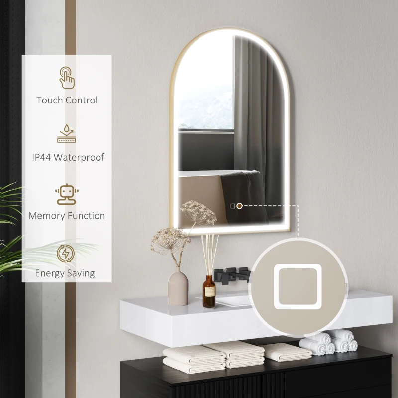 HOMCOM 90 x 60 cm Bathroom Mirror with LED Lights, Anti-Fog Arched Vanity Mirror with 3 Colour Dimmable, Gold Tone