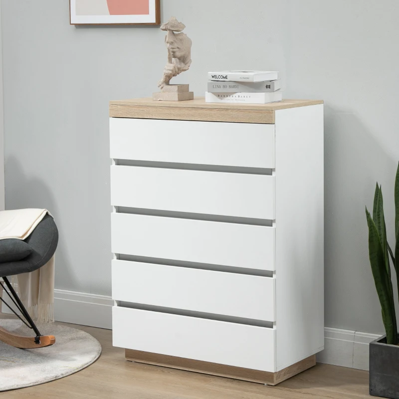 HOMCOM Cassettiera 5 Cassetti Minimal in Legno, 80x40x109 cm, Bianco e color Rovere